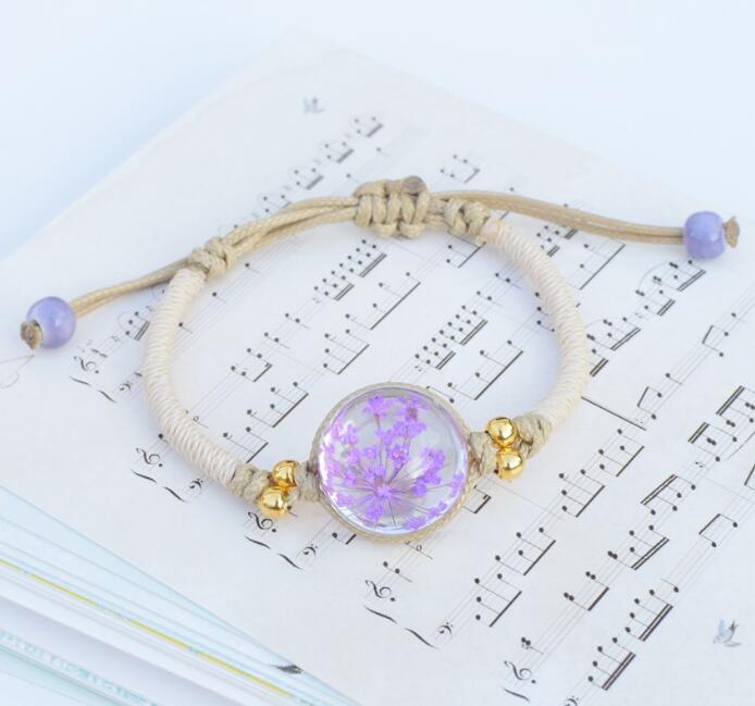 Stylish Hands Bracelets Immortalized Flower Glass Ball Rope Chain Charm Strings Dried Flowers Jewelry Free Shipping