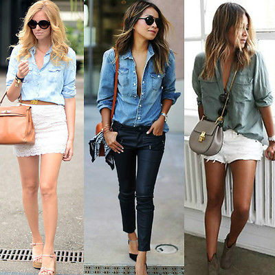 Wholesale- 2017 NEW Fashion Women Ladies Blue Jean Denim Long Sleeve Shirt Tops Blouse Jacket