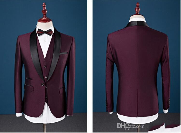 Fashion Burgundy 3 Piece Suit Men Wedding Tuxedos Excellent Groom Tuxedos High Quality Men Business Dinner Blazer(Jacket+Pants+Tie+Vest) 465