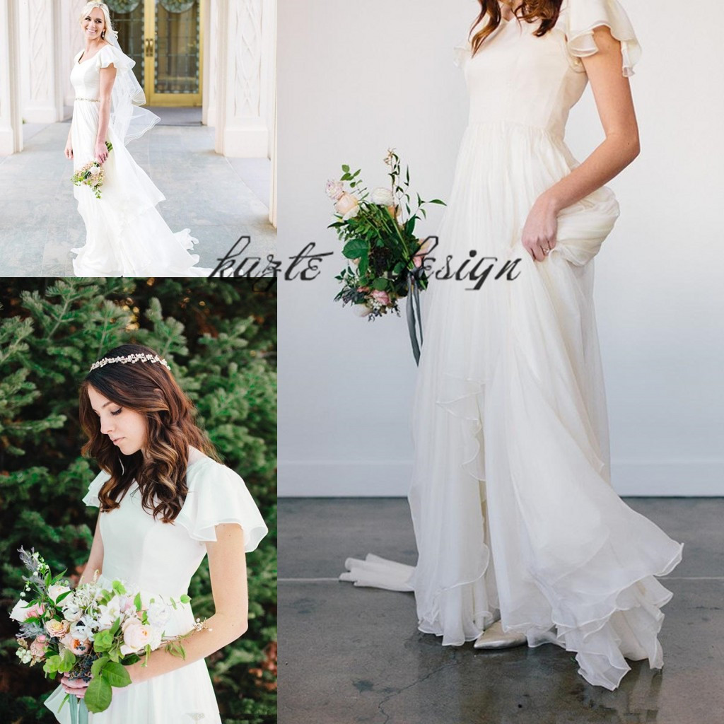 Flowy Chiffon Modest Wedding Dresses 2018 Beach Short Sleeves Beaded Belt Temple Bridal Gowns Queen Anne Neck Informal Reception Dress, White
Flowy Chiffon Modest Wedding Dresses 2018 Beach Short Sleeves Beaded Belt Temple Bridal Gowns Queen Anne Neck Informal Reception Dress, White
