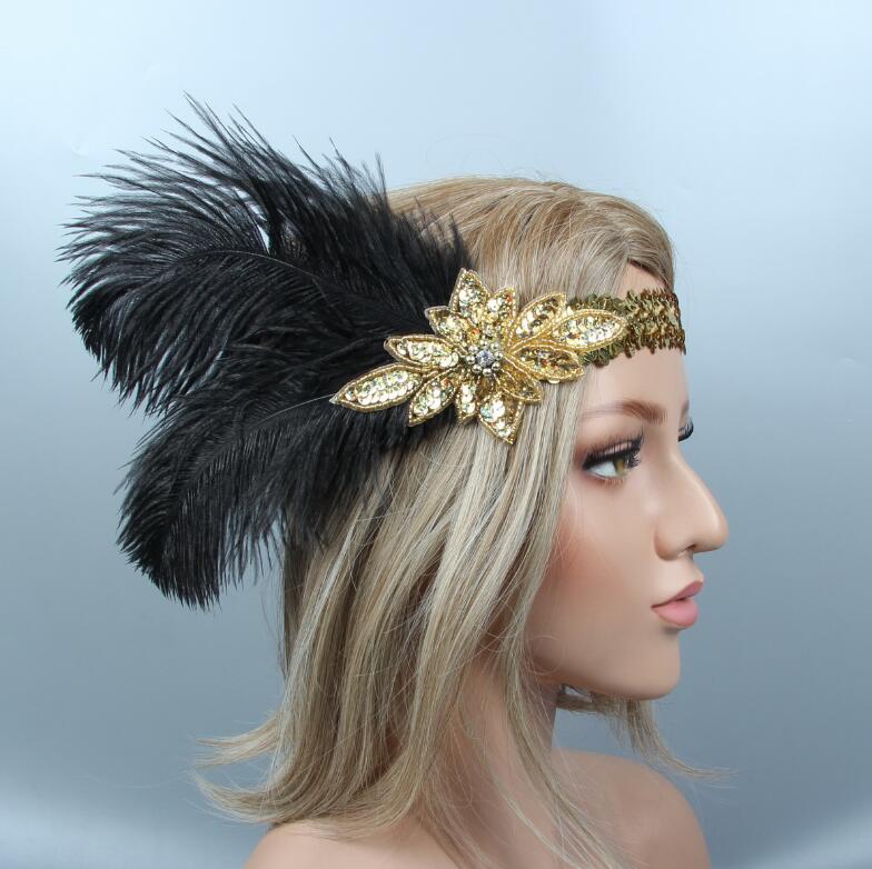 1920s Great Gatsby Black Bridal Headband feather Beauty Girl Peacock Feather Wedding Queen Headband Prom Princess Birthday Party