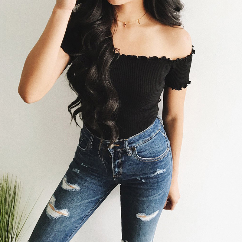 Sexy Off Shoulder T Shirt Women Crop Tops 2018 Summer Long Sleeve White Slim Nightclub Cropped Top Tees