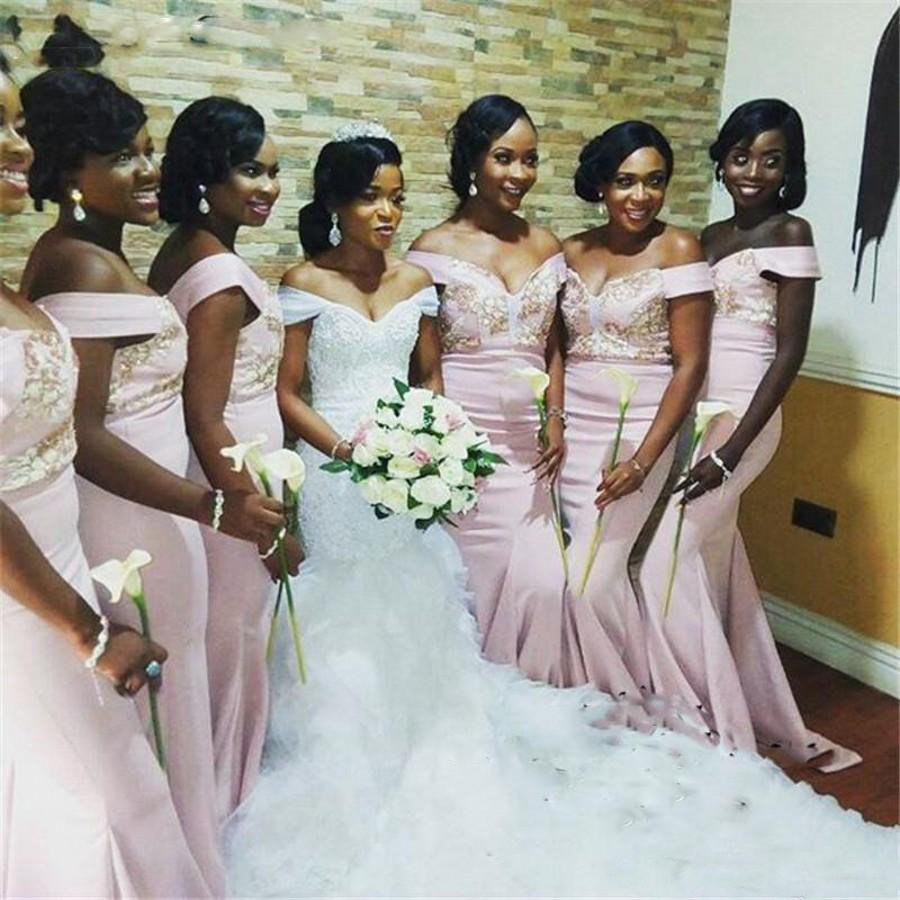 Pink Mermaid For Wedding Sexy Off The Shoulder Gold Appliques Maid Of Honor Gowns Plus Size Bridesmaid Dresses 0521