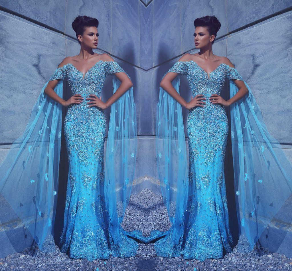 Bling Arabic Blue Dubai Mermaid Prom Beaded Crystals Off Shoulder Sequined Sweep Train Formal Dresses Evening Wear