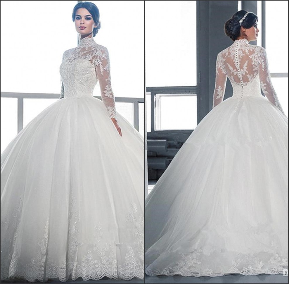 High Neck Lace Ball Gown Wedding Dresses Vintage Royal Long Sleeves Tulle Applique Sweep Train Bridal Gowns With Buttons BA3955, Gold
High Neck Lace Ball Gown Wedding Dresses Vintage Royal Long Sleeves Tulle Applique Sweep Train Bridal Gowns With Buttons BA3955, Gold