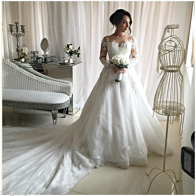 Dubai Arabic New Sheer Neck Long Sleeves Beaded Robe De Mariage Cathedral Train Wedding Dress Bridal Gowns Church 6660306