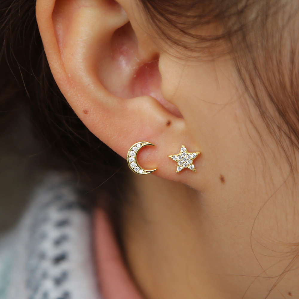 vermeil 925 sterling silver tiny cute moon star stud earring for girl christmas gift Sweet crwon ear cuff dainty jewelry