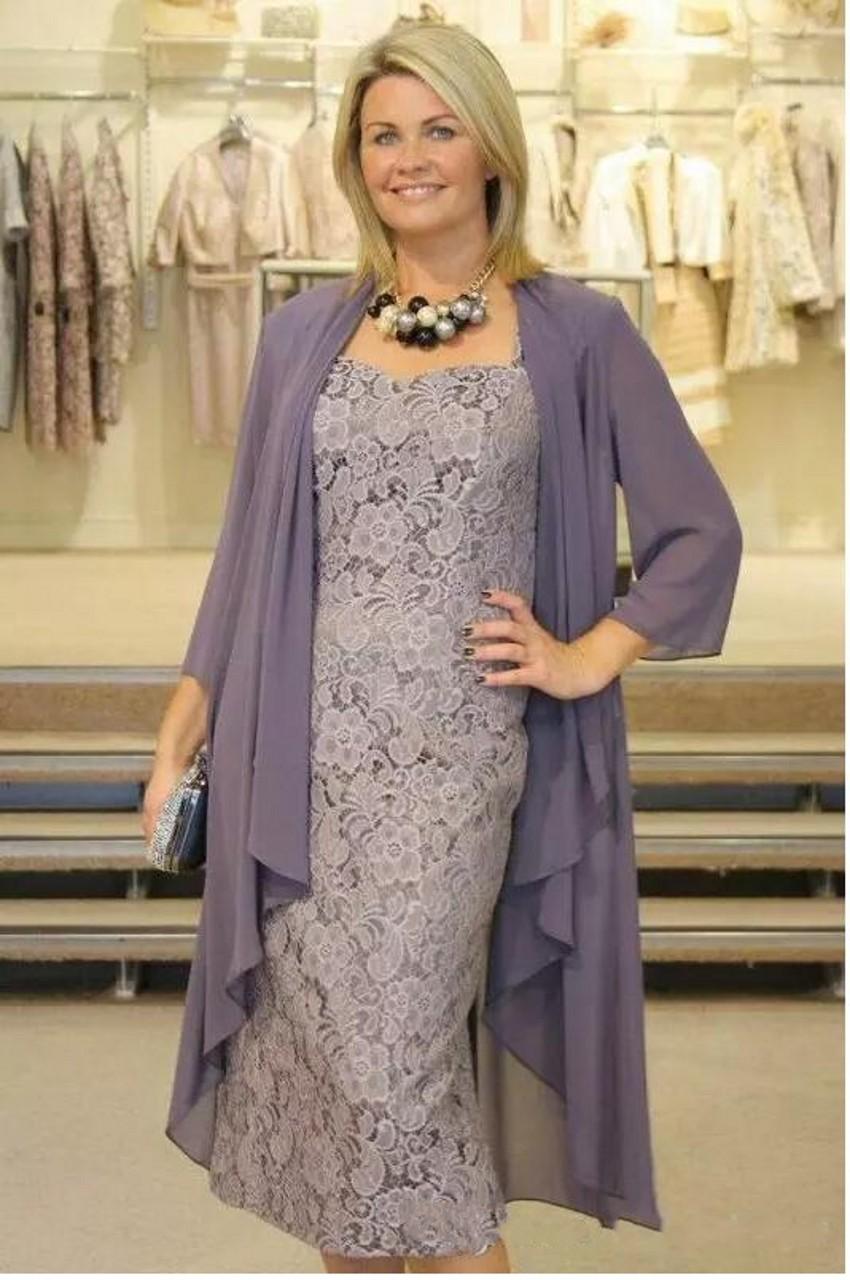 Elegant Two Pieces Lavender Mother of The Bride Dresses Suits Full Lace Dress With Jacket Tea Length Short Prom Party Gowns Plus Size