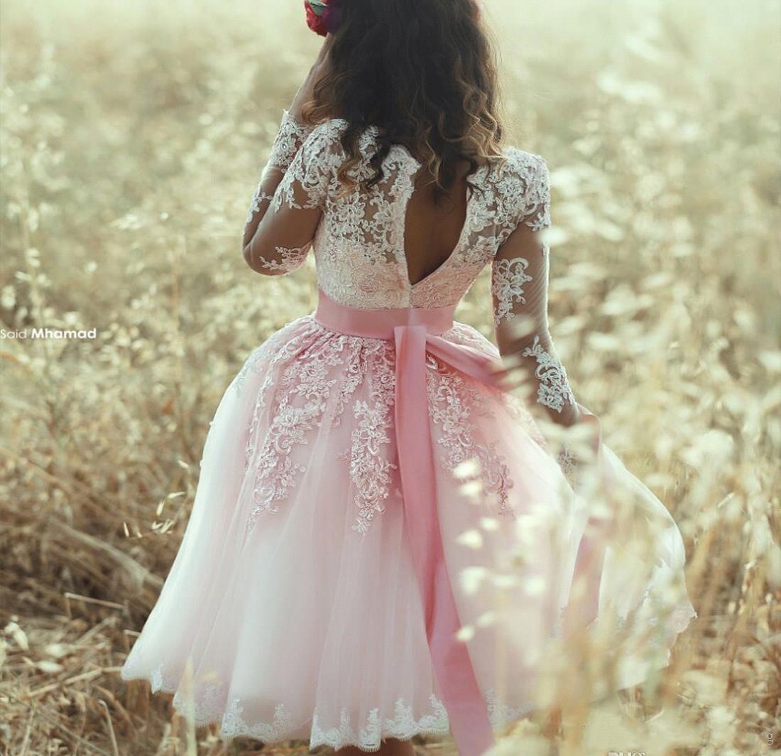 Pink Appliqued Lace Short Prom Dresses Said Mhamad Homecoming Dresses Party Dress For Graduation Long Sleeve Knee Length Tail Dress 0510