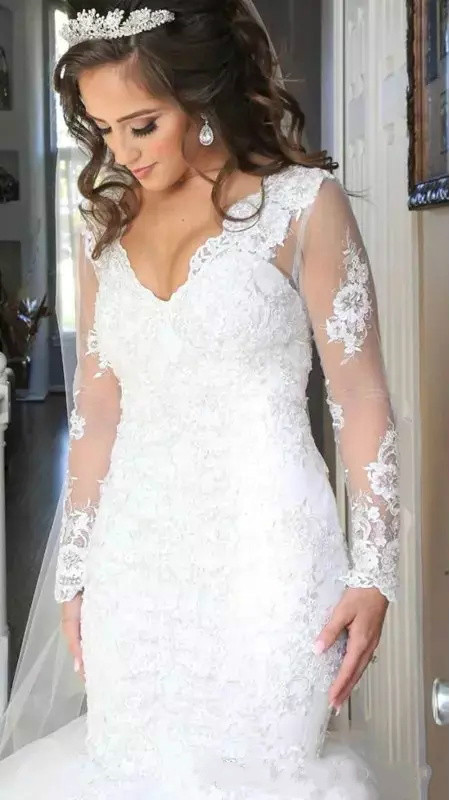 Mermaid Wedding Dresses Lace Applique V Neck Sweep Train Long Sleeve Country Bridal Dress Elegant Plus Size Wedding Gowns vestido de novia