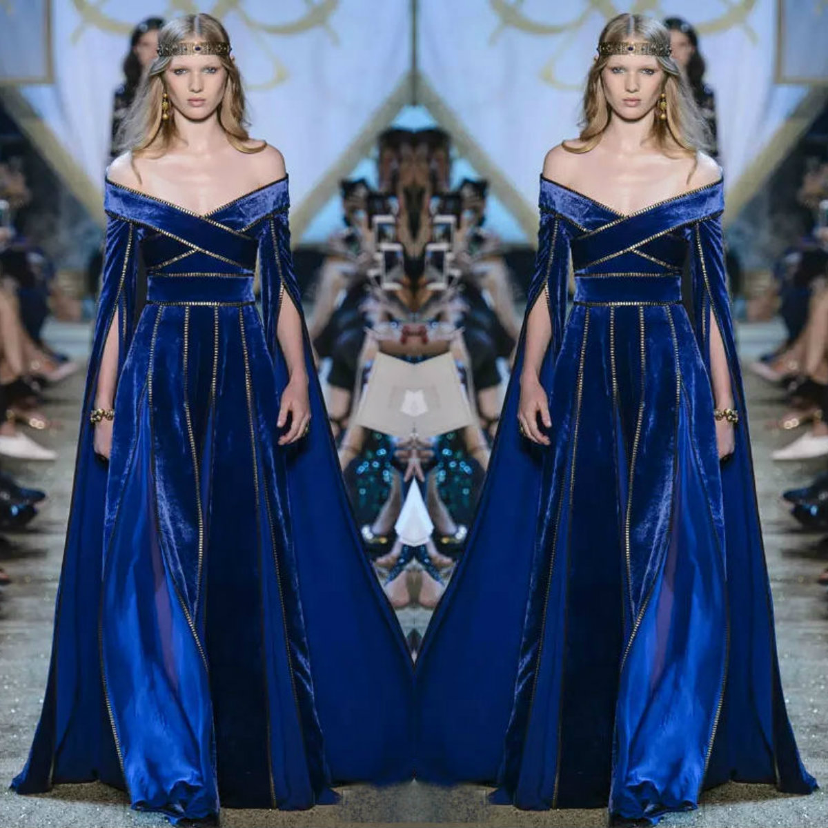 Royal Blue Veet Off-Shoulder Long Sleeve A-e Prom Dress with Split Sexy Evening Gown Custom Made
