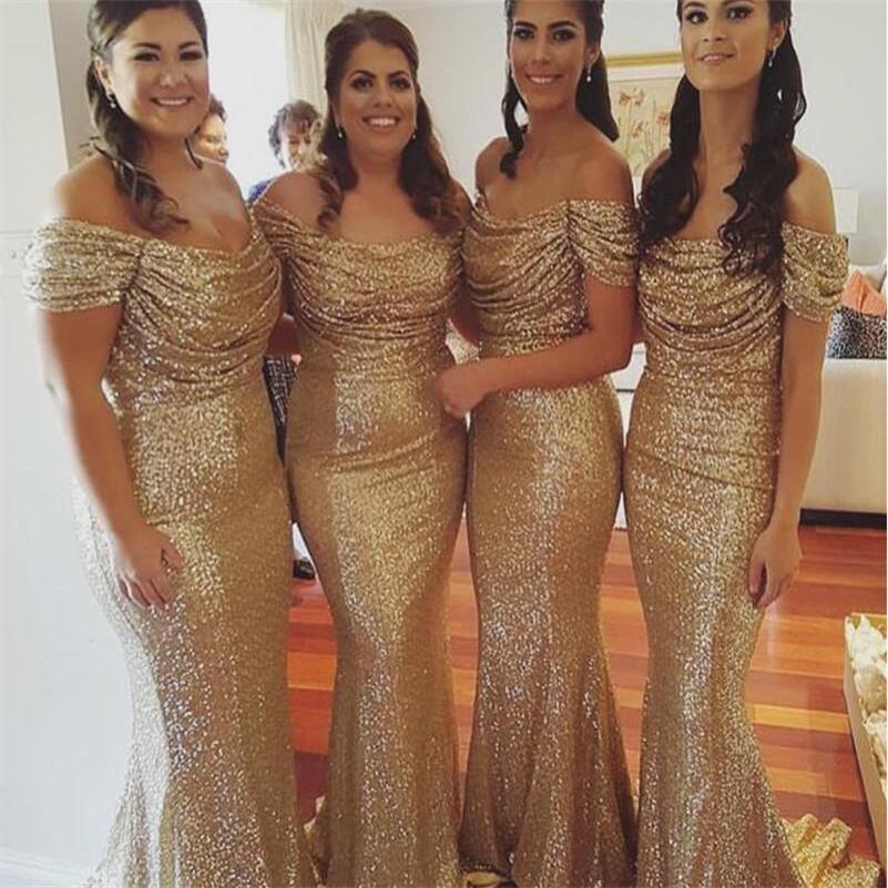 Luxury Gold Full Sequins Bridesmaid Dresses Off Shoulder Ruffle Design Long Maid Of Honor Dress Mermaid Evening Dresses for Weddings