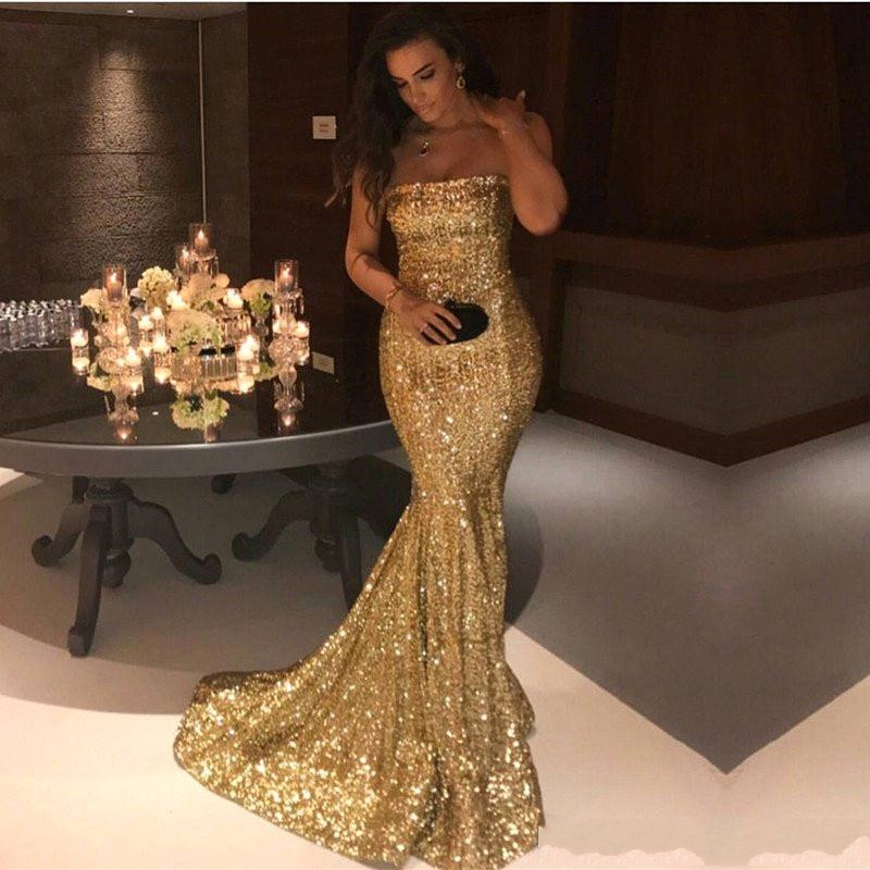 Sexy Strapless Silver Gold Mermaid Prom Dresses 2022 New Arrival Sparkly Sequin Long Formal Evening Gowns Vintage Party Wear