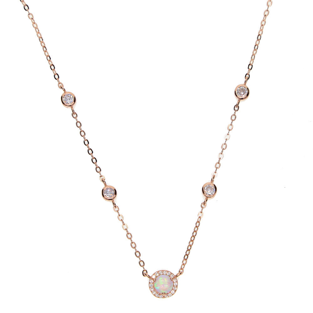 silver gold rose gold 3 color cz station opal necklace fine 925 sterling silver jewelry round geometric charm link chain collar fashion