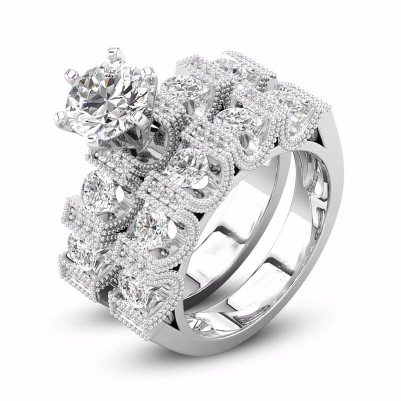 Unique Vintage Choucong Couple Rings: Sier, Retro Eternity, Round Cut White Topaz CZ Dia Women's Bridal Ring Set