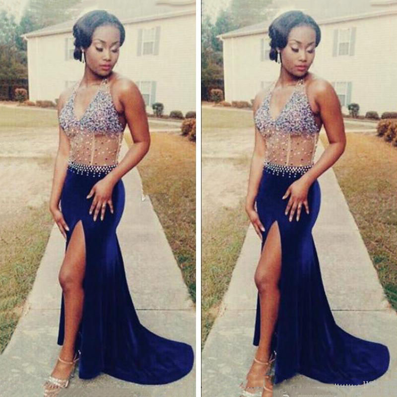 Amazing Sexy Long Slit Split Mermaid Prom Dresses Royal Blue Floor Length Sexy Halter Top See Through Crystal Beaded Velvet Prom Dresses
Amazing Sexy Long Slit Split Mermaid Prom Dresses Royal Blue Floor Length Sexy Halter Top See Through Crystal Beaded Velvet Prom Dresses