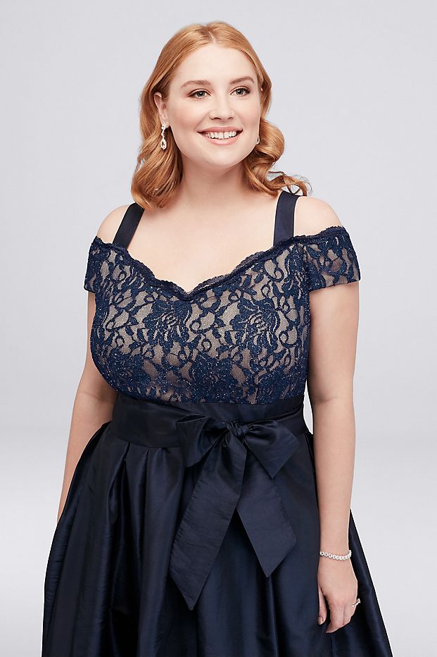 Dark Navy Plus Size Lace Prom Dresses Off The Shoulder Evening Gowns With Sash A Line Cheap Taffeta Floor Length Formal Dress