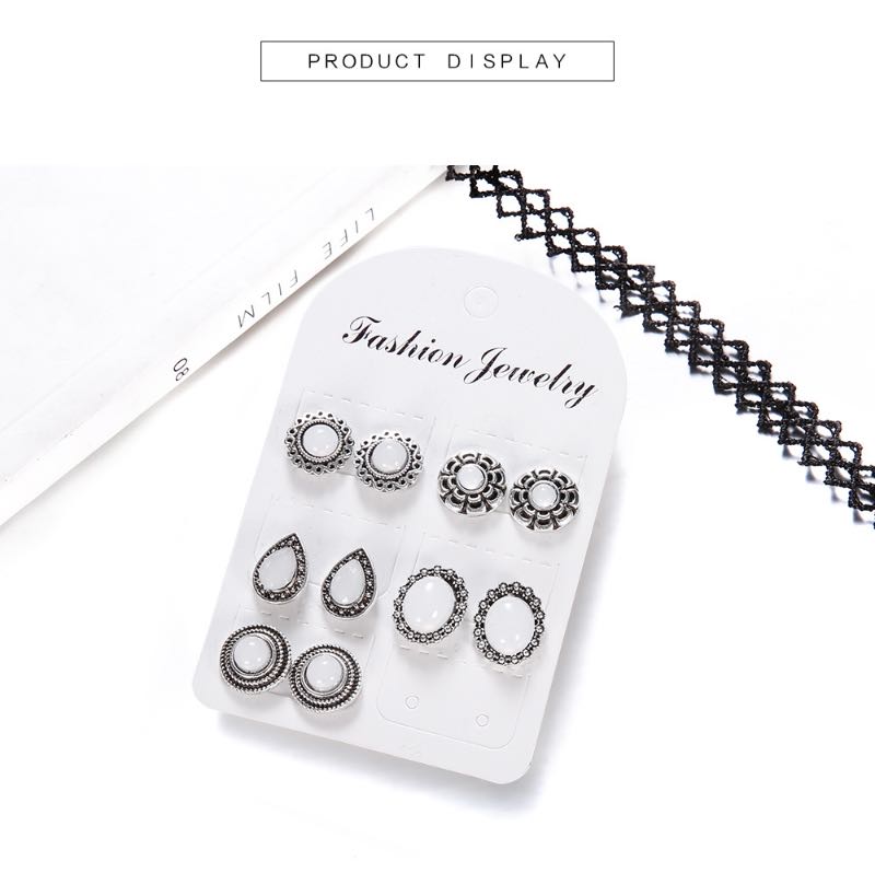 Bohemia Fashion Opal Stud 5 Pairs For One Earring Set Big White Stone Vintage Design Alloy Studding Wholesale