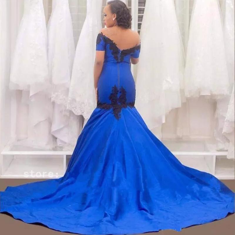 Royal Blue Mermaid Evening Dresses with Appliques Off Shoulder Short Sleeves Sweep Train Formal Dress Prom Party Gowns Plus Size Gowns