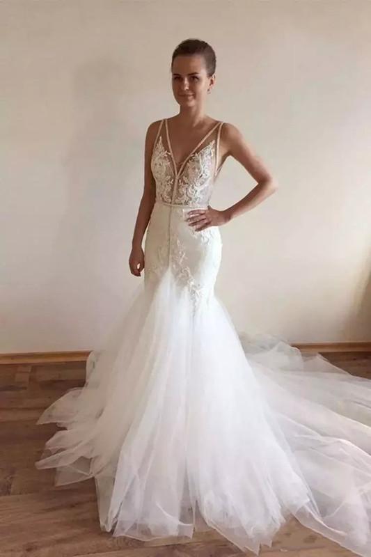 Sexy Mermaid Wedding Dresses V Neck Lace Appliques Backless Sweep Train Boho Wedding Dress Sweep Train Beaded Plus Size Bridal Gowns