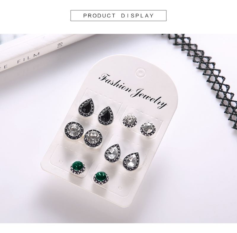 Vintage Bohemia Stud Big Fashion Crystal Earring Shinny Black White Green Rhinestone 5 Pairs For One Set