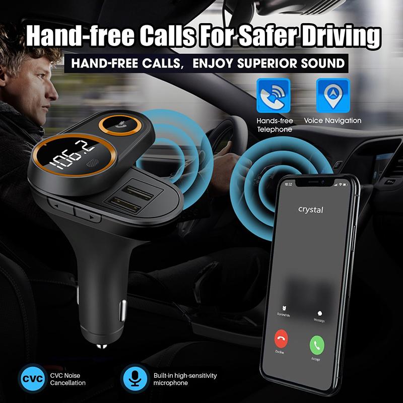 Bluetooth FM Transmitter Hands Free Calling Voice Navigation Music Player Car Charger Bluetooth Car Kit Support Micro SD TF