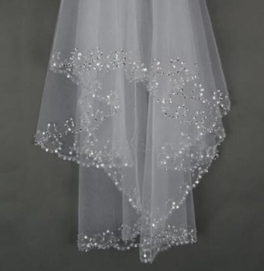 Free Shipping Real Image Sparkly Beaded Bridal Veils With Rhinestones Edge Short Length Tulle Wedding Veil