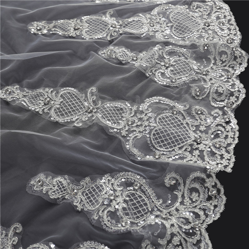 White Ivory Wedding Veils Lace Appliques Sequins One Layers Cathedral Length Long Bridal Veil Custom Made Top Quality Wedding Accessories