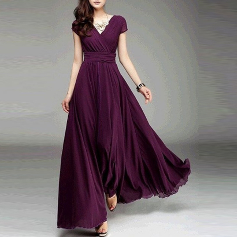 Bohemian Women 2018 Short Sleeve Fit And Flare Slim Dress Female Solid V Neck Floor Length Beach Empire Dress Plus Size HO802482 D1891703