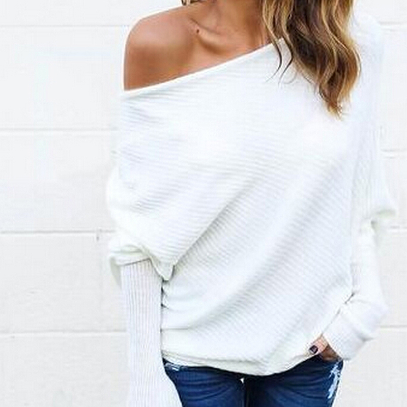 Off The Shoulder Women Sweater Baggy Pullover Sweater Ladies Chunky Knitted Sweater Female Batwing Sleeve Autumn Jumper C18111601