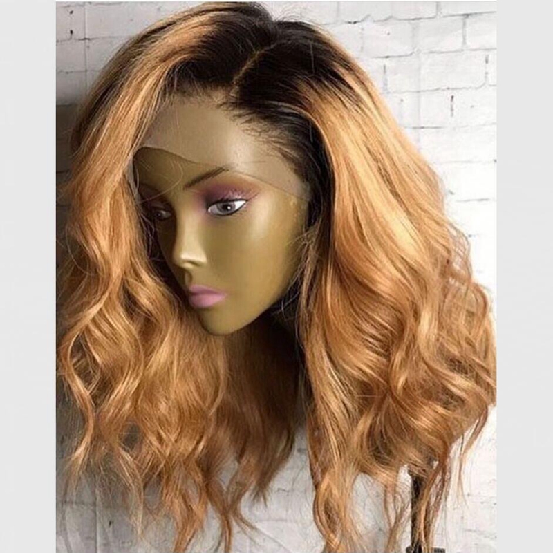 Side Part Platinum Blonde Lace Front Wig 14 Inch Ombre Wig With Dark Roots Heat Resistant Synthetic short bob Wigs For Black Women