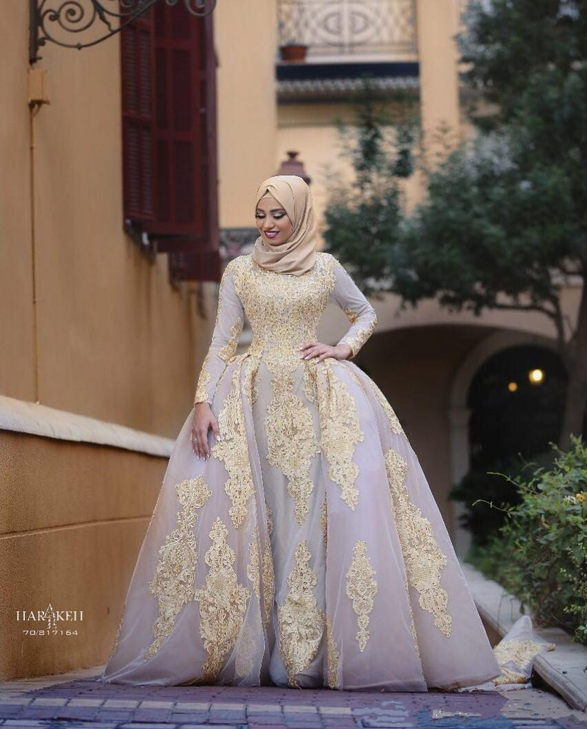 muslim beaded wedding dresses with detachable train bridal gowns gold lace appliqued blush pink tulle long sleeves country bride dress