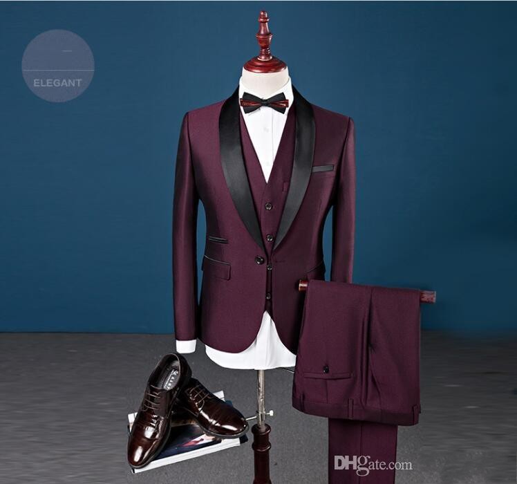 Fashion Burgundy 3 Piece Suit Men Wedding Tuxedos Excellent Groom Tuxedos High Quality Men Business Dinner Blazer(Jacket+Pants+Tie+Vest) 465