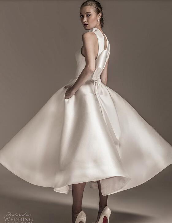 High Collar Elegant Wedding Dress With Pockets Ruffles Bow Satin Bridal Gowns Custom Made Fashion Short Wedding Dresses