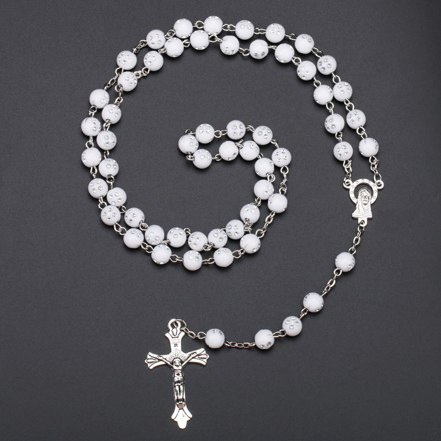 8mm New White Rosary Beads Religious Catholic Rosary Necklace Five-Decade Rosary Prayer Jesus Crucifix Stars Mary Centerpiece