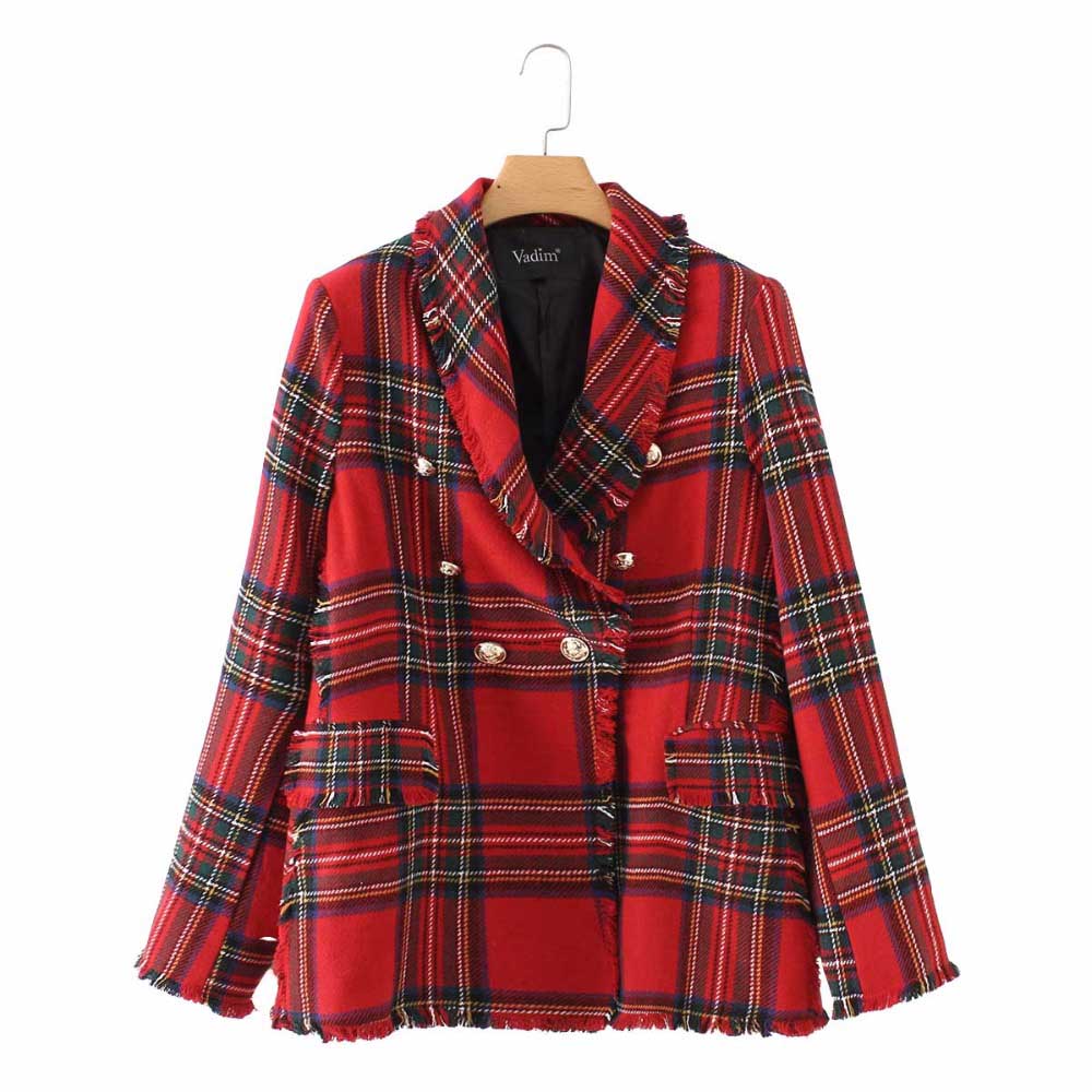 women plaid notched collar tweed blazer double breasted pockets tassel hem female loose casual outwear chic tops, White;black
women plaid notched collar tweed blazer double breasted pockets tassel hem female loose casual outwear chic tops, White;black