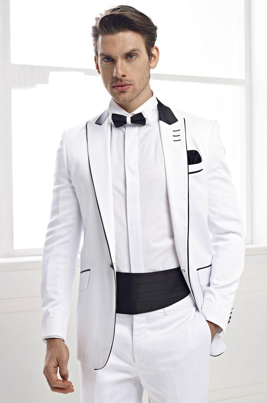 Stylish Design Groom Tuxedos One Button White Peak Lapel Groomsmen Best Man Suit Mens Wedding Suits (Jacket+Pants+Tie)NO:1045