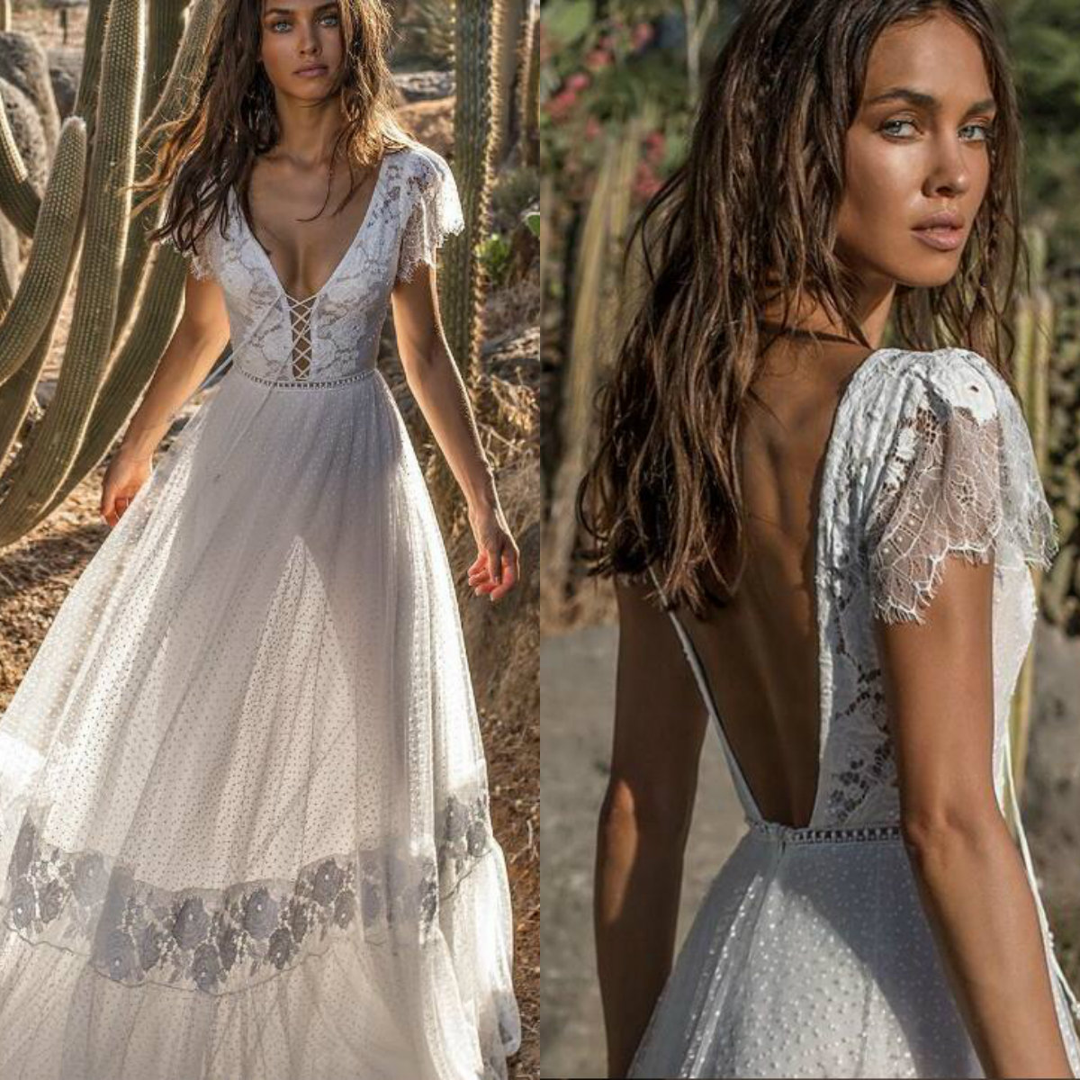 Summer Illusion Bohemia Wedding Dress Lace Backless Dot Tulle Bridal Gowns Custom Made Deep V Neck Wedding Dresses