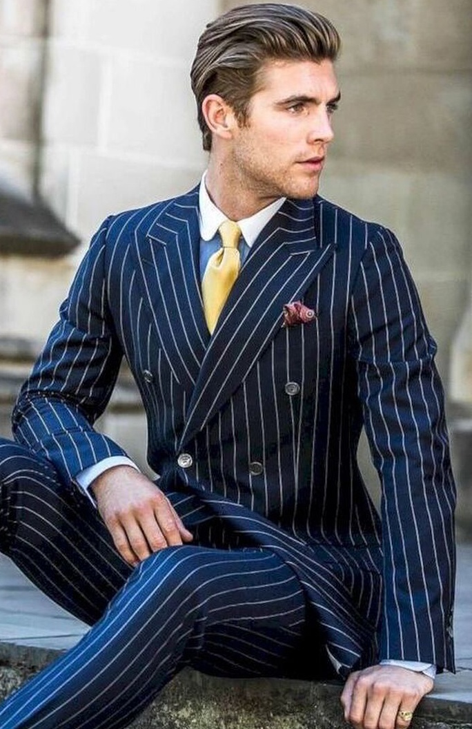 High Quality Pinstripe Mens Suits Slim Fit Bridegroom Formal Wear Best-men Groom Tuxedos Suits Business Men Wear (Jacket+Pants)