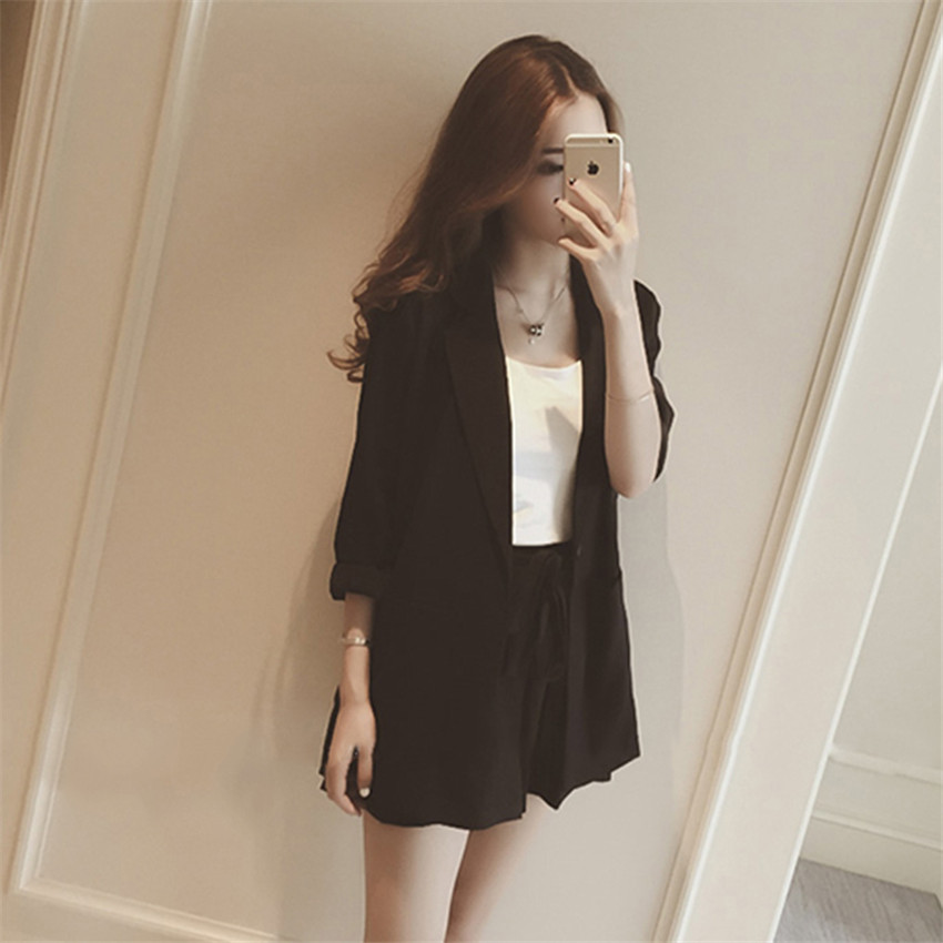 New Loose Lady Midi Long Blazers Summer Two Piece Big Size Women Linen Blazer +Shorts Formal Suits Thin Sun Protection Coat W428