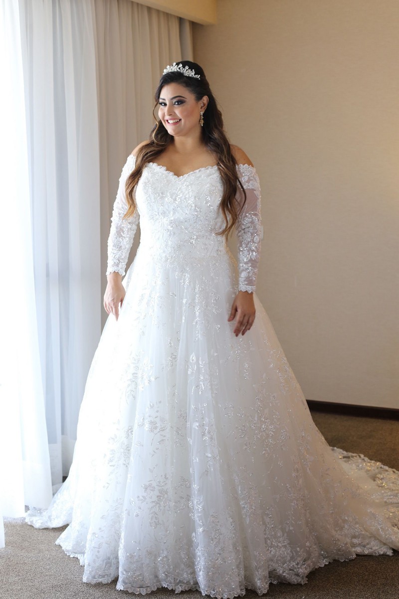 Lace Sparkly Long Sleeves Wedding Dresses Off The Shoulder Sequined Bridal Gowns Beaded A E Sweep Train Tulle Vestido De Novia