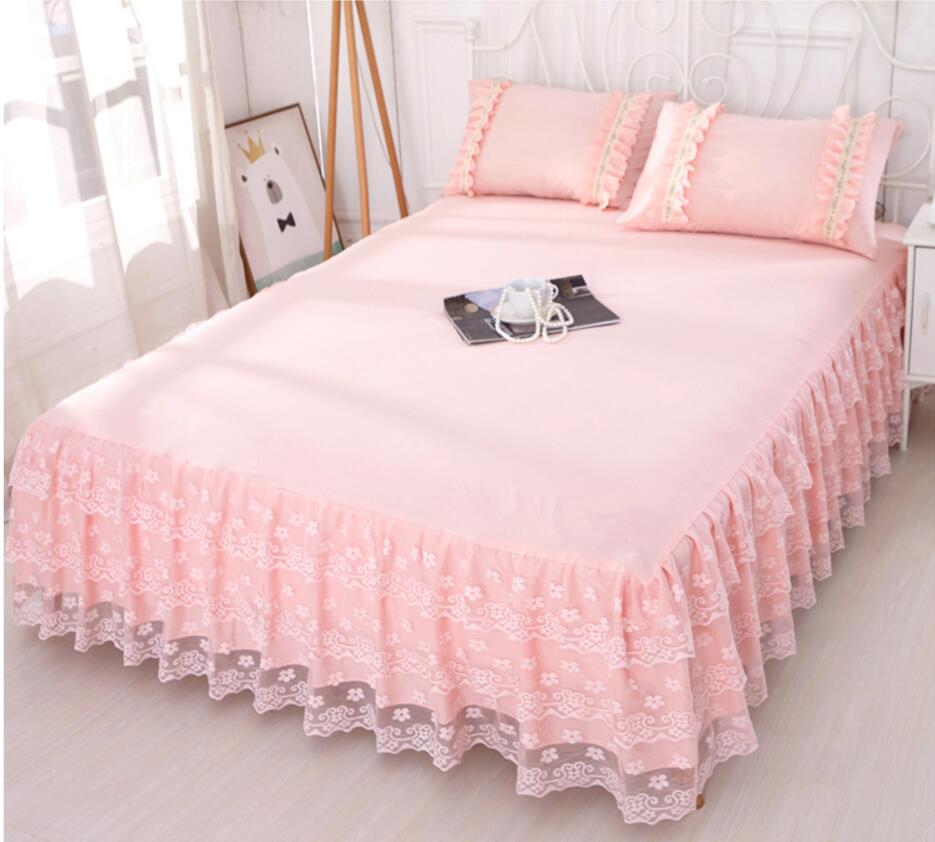 Pink Lace bedding Bed Skirt 1/3pcs Romantic Princess Bedspread Girls Bed sheet Pillowcase Home Textile Full Queen King Size