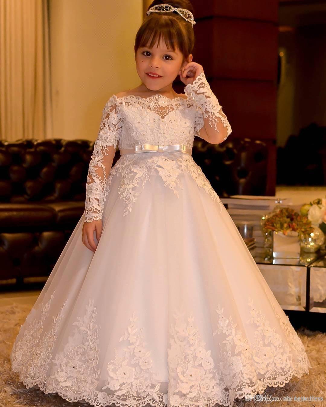 Girl's First Communion Dresses Scoop Backless With Appliques and BowTulle Ball Gown Pageant Dresses For Little Girls