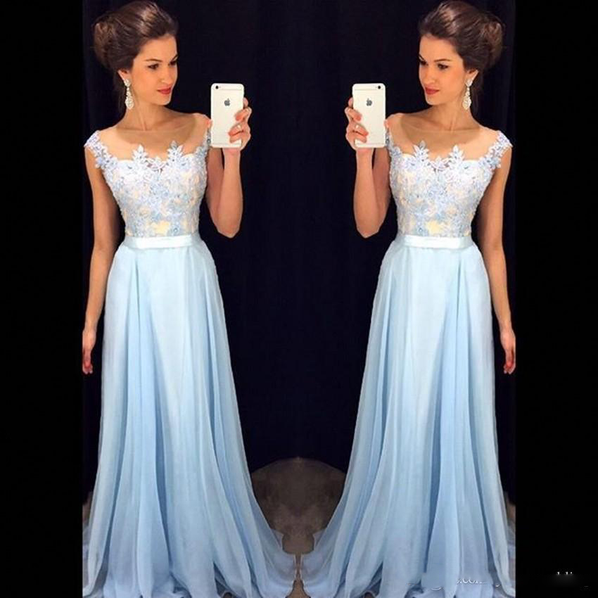 2018 Elegant Light Sky Blue Prom Dresses Sheer Neck Cap Sleeves Appliqued Chiffon Floor Length Formal Dresses Modest Evening Gowns Zipper, Custom
2018 Elegant Light Sky Blue Prom Dresses Sheer Neck Cap Sleeves Appliqued Chiffon Floor Length Formal Dresses Modest Evening Gowns Zipper, Custom