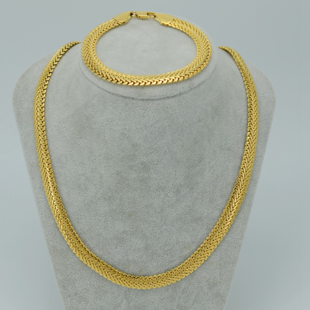 Thick Heavy Necklace Bracelet Jewelry Set Solid 18k Yellow Gold Filled Classic Herringbone Mens Accessories Hip Hop Style Jewelry