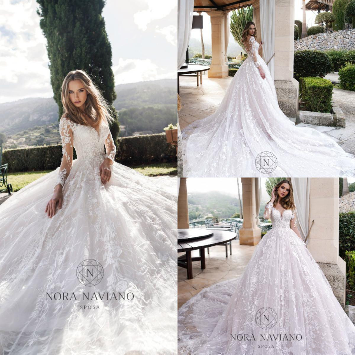 nora naviano wedding dresses full lace applique beaded long sleeve v neck plus size bridal gowns robe de marie