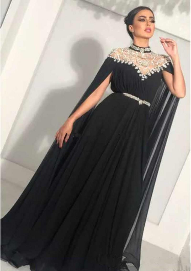 Modest High Neck Crystal Chiffon Black Evening Dresses Long Sleeves Pleats Floor Length Saudi Arabic Dubai Formal Dress Prom Gowns