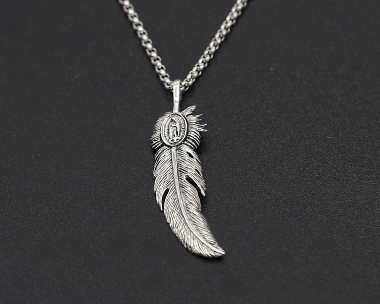 Brand new 925 sterling silver vintage jewelry antique silver Japan unique hand-made designer feather necklace pendants no chain mens