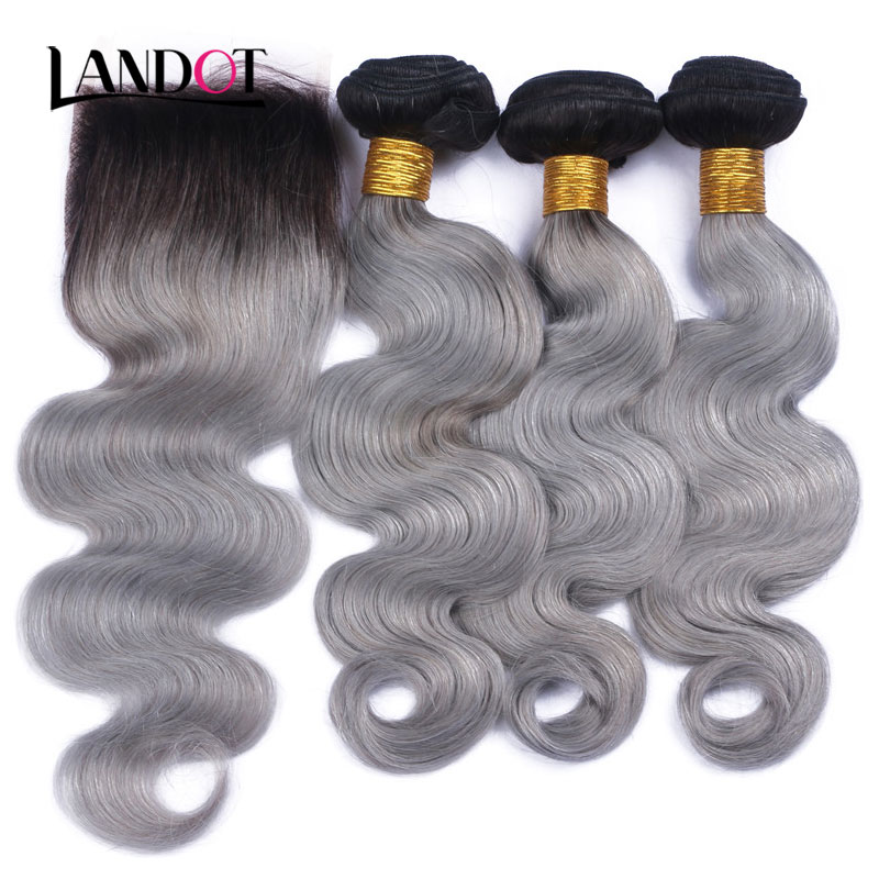 9A Ombre Brazilian Virgin Human Hair Weaves 3 Bundles With Lace Closures Body Wave Ombre 1B/Grey Peruvian Malaysian Indian Hair Extensions