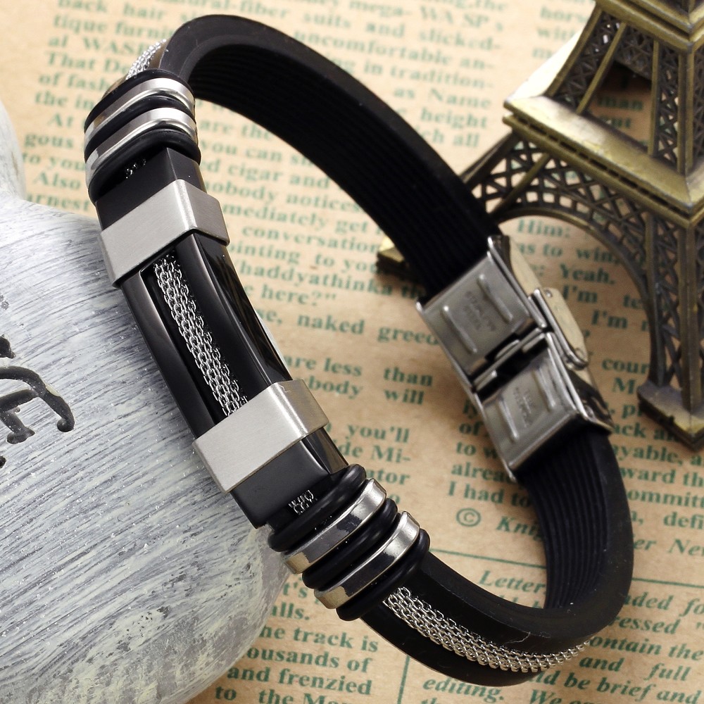 MNWT Mens Bracelets Stainless Steel Black Silicone Bracelets Charm Bracelet Male Bangle For Men Jewelry Silver Rose Gold Color